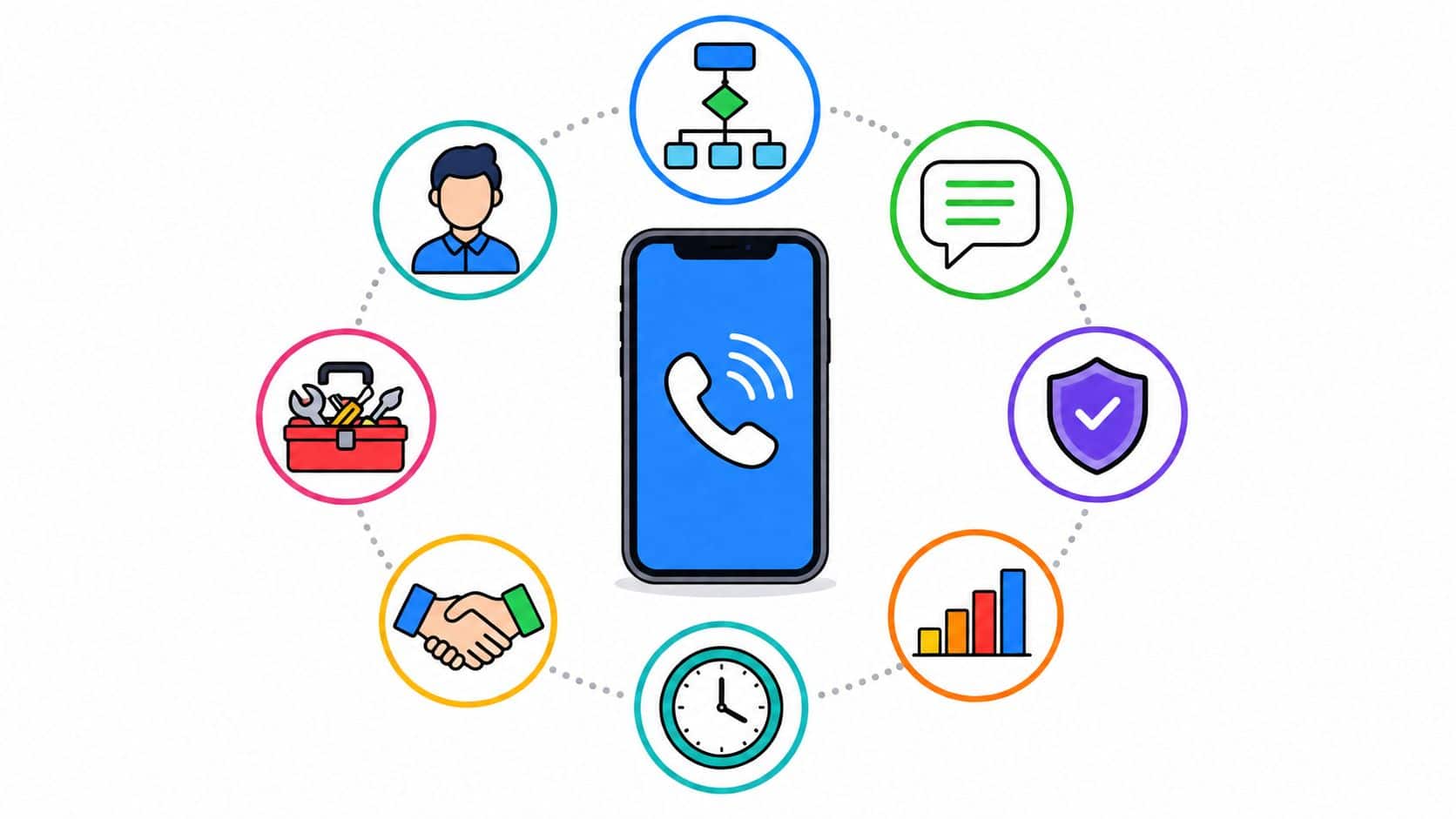 Smartphone with support icons for sales, support, and communication.