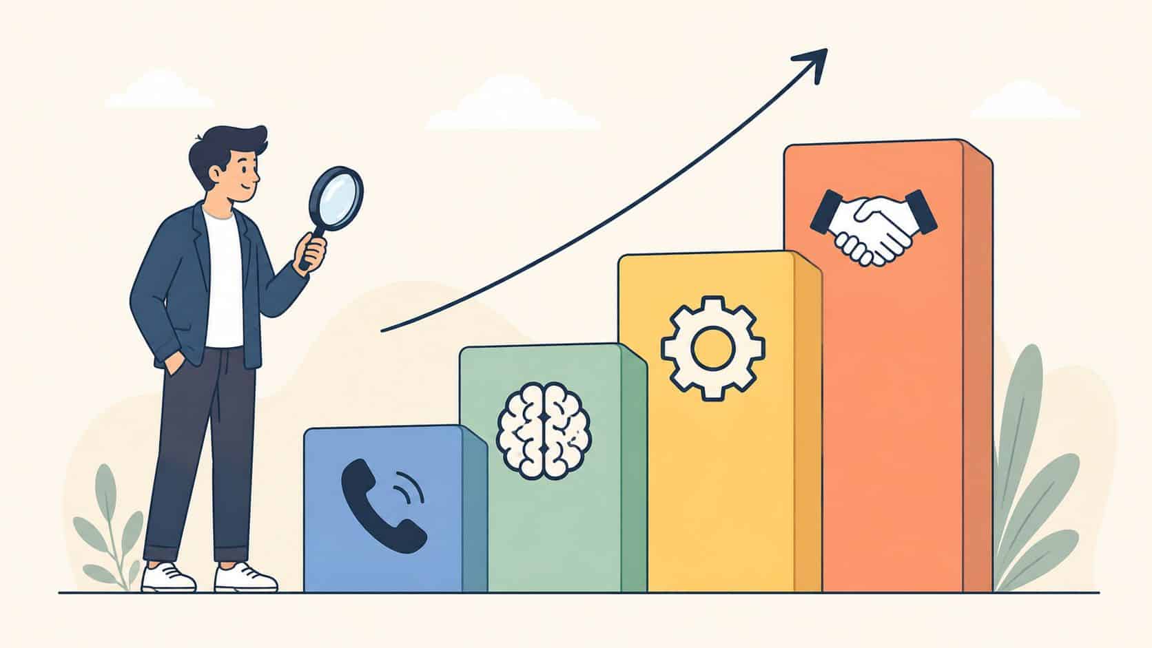 Businessman analyzing growth with ascending bar chart and icons.