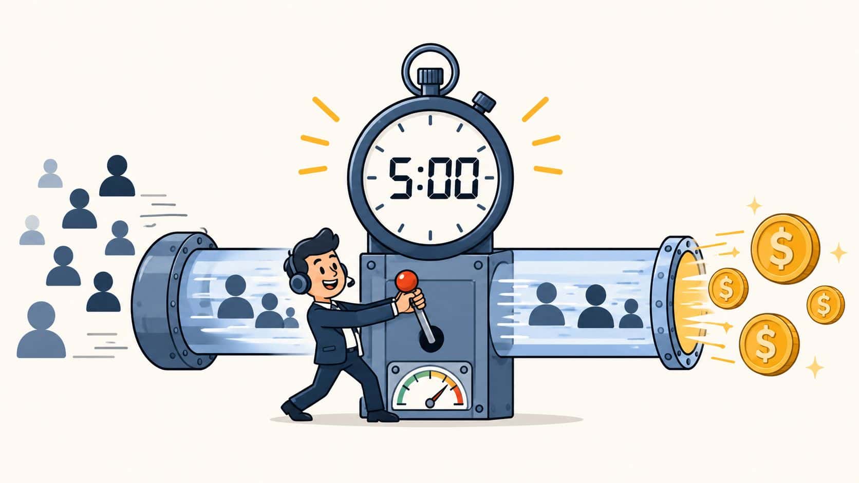 Illustration of a stopwatch and a person responding to leads quickly.