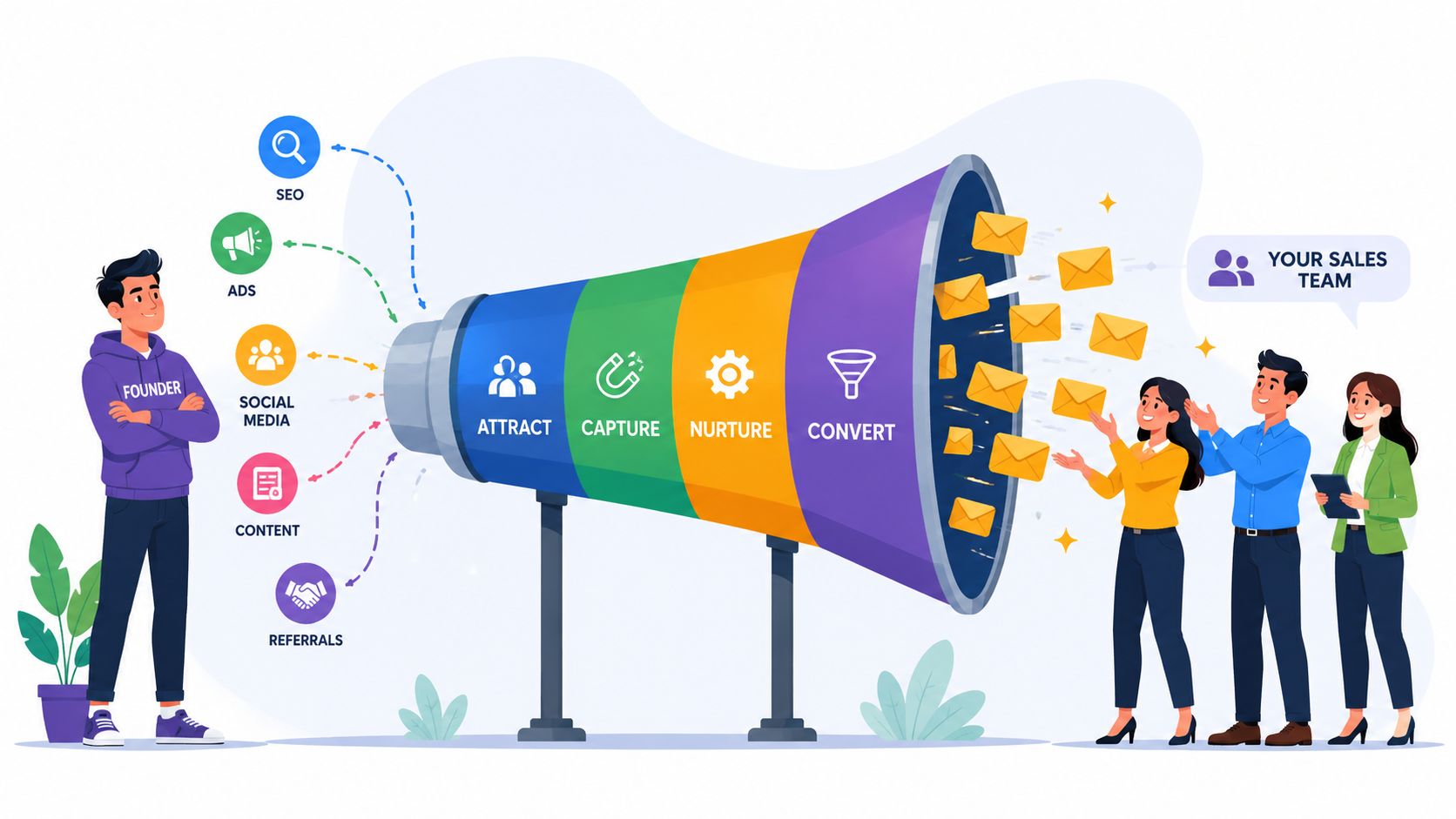 Sales funnel for HireSDR showing attract, capture, nurture, convert stages with marketing channels.