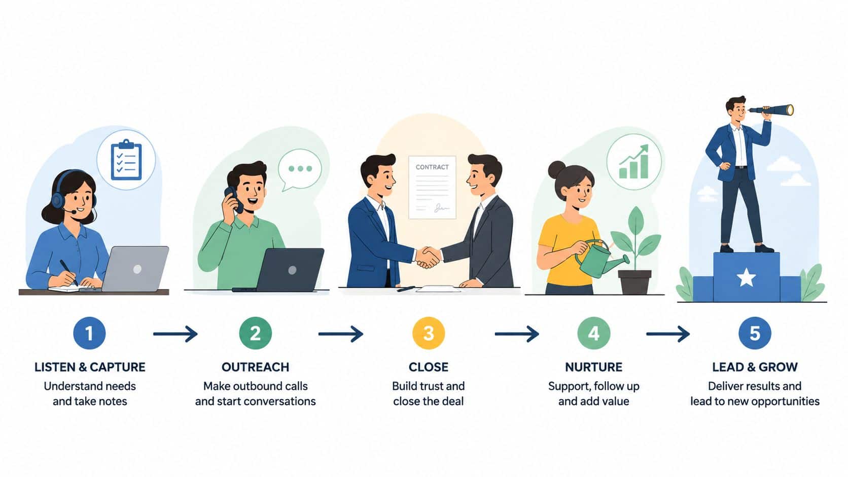 Illustration of five business development roles from listening to growth.