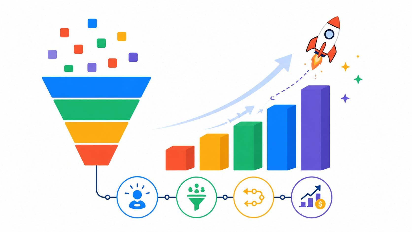 Bar graph showing sales growth with upward arrow and rocket icon.