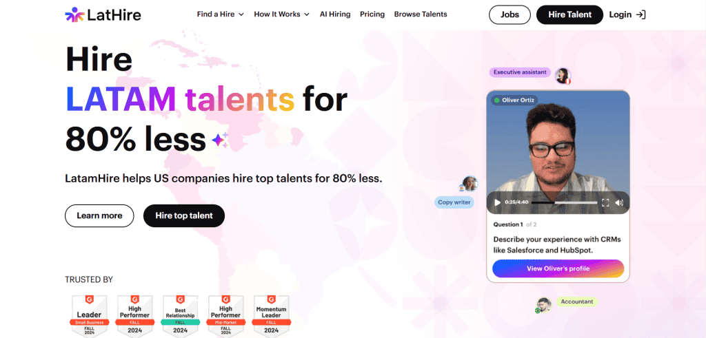 Screenshot of HireSDRs.com homepage showcasing hiring platform for marketing assistants.
